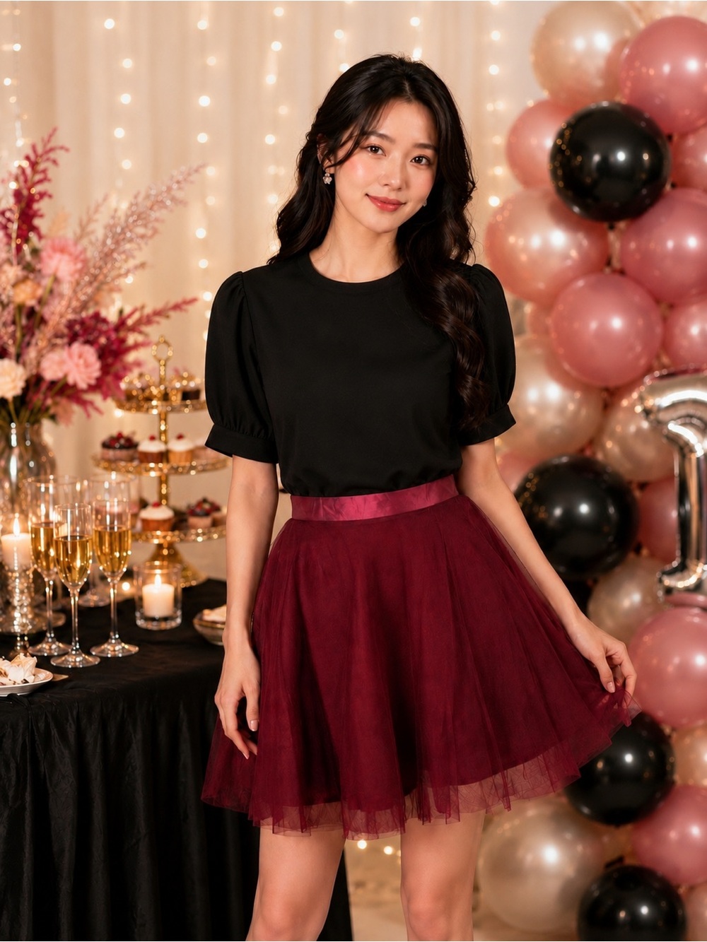 NWT Elegant Black Puff-Sleeve Blouse in Black